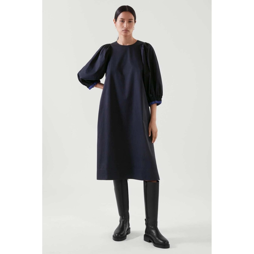 COS Navy Blue Cotton Poplin Puff Sleeve Shift Dress with Smocked Cuffs Size 12
